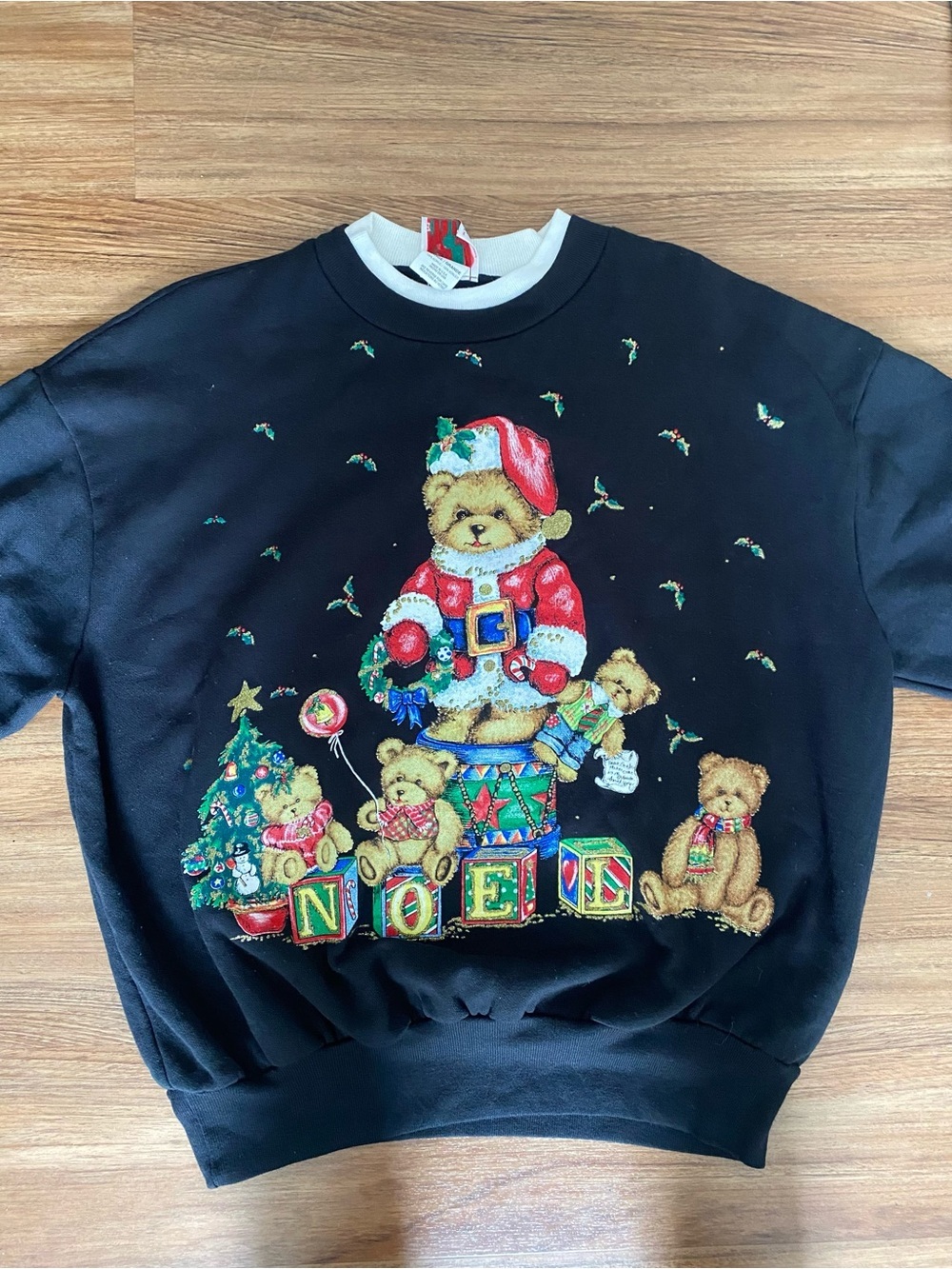 Black Christmas Teddy Bear Graphic Crewneck Sweater